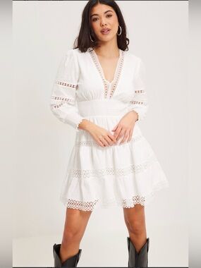 White Lace V-Neck Tiered Mini Resort Wear Dress